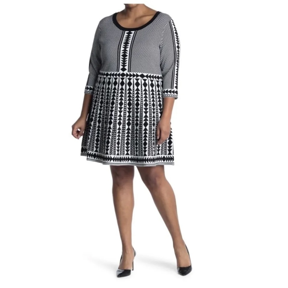Nina Leopard Women’s Plus Geometric Fit and Flare Midi Sweater Dress 1X NWT